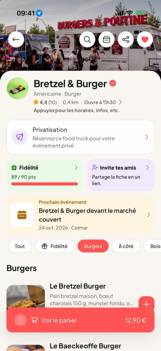 Fiche d'un food truck dans l'app : carte, horaires et commande