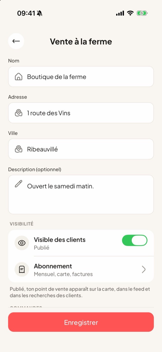 Boutique d'un producteur local dans l'app : catalogue et produits à retirer